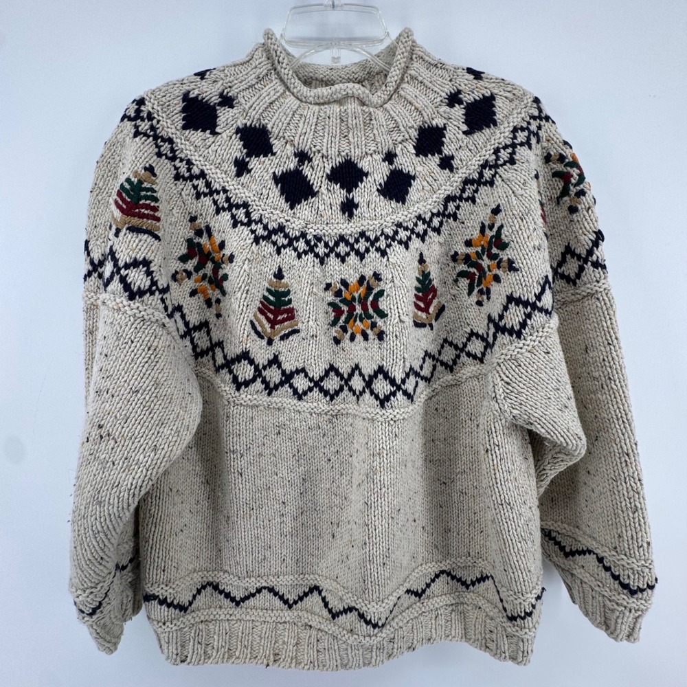 Vintage Outback Red Sweater Womens M Cream Fair Isle Wool Blend Mock Neck Chunky - Picture 2 of 9